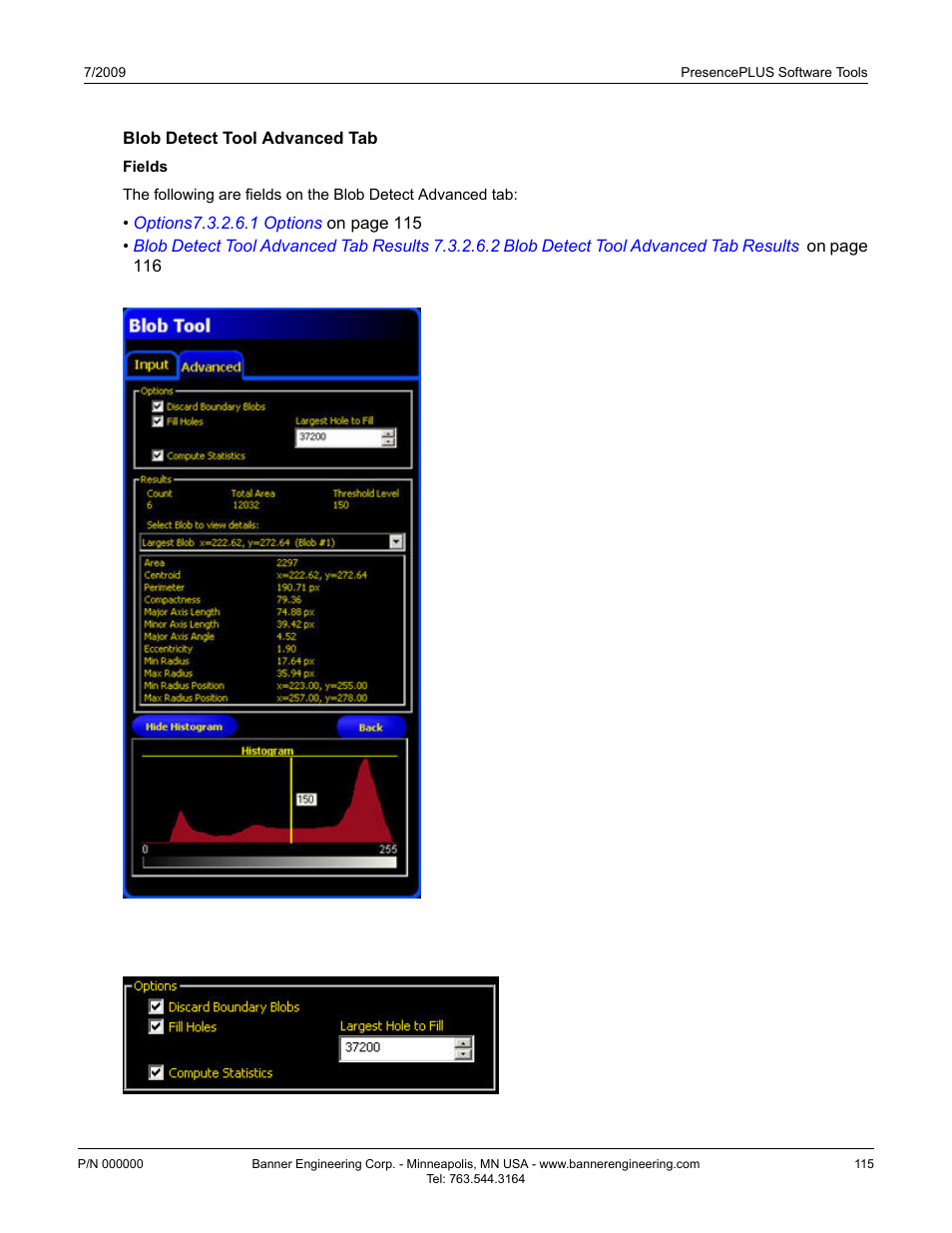 Blob detect tool advanced tab, Options | Banner PresencePLUS P4 Series User Manual | Page 115 / 254