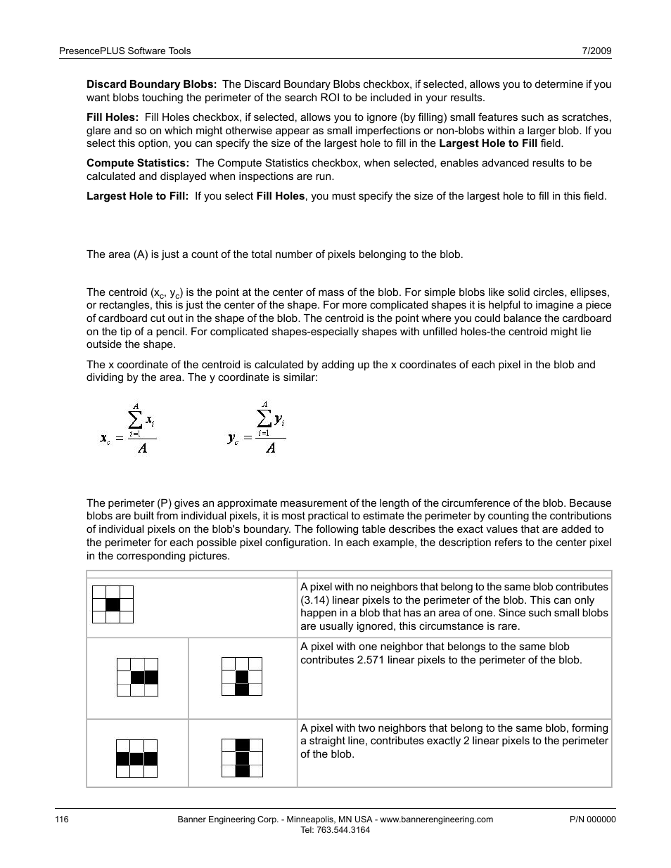 Blob detect tool advanced tab results, Area, Centroid | Perimeter, Area 7.3.2.6.2.1 area, Perimeter7.3.2.6.2.3 perimeter | Banner PresencePLUS P4 Series User Manual | Page 116 / 254