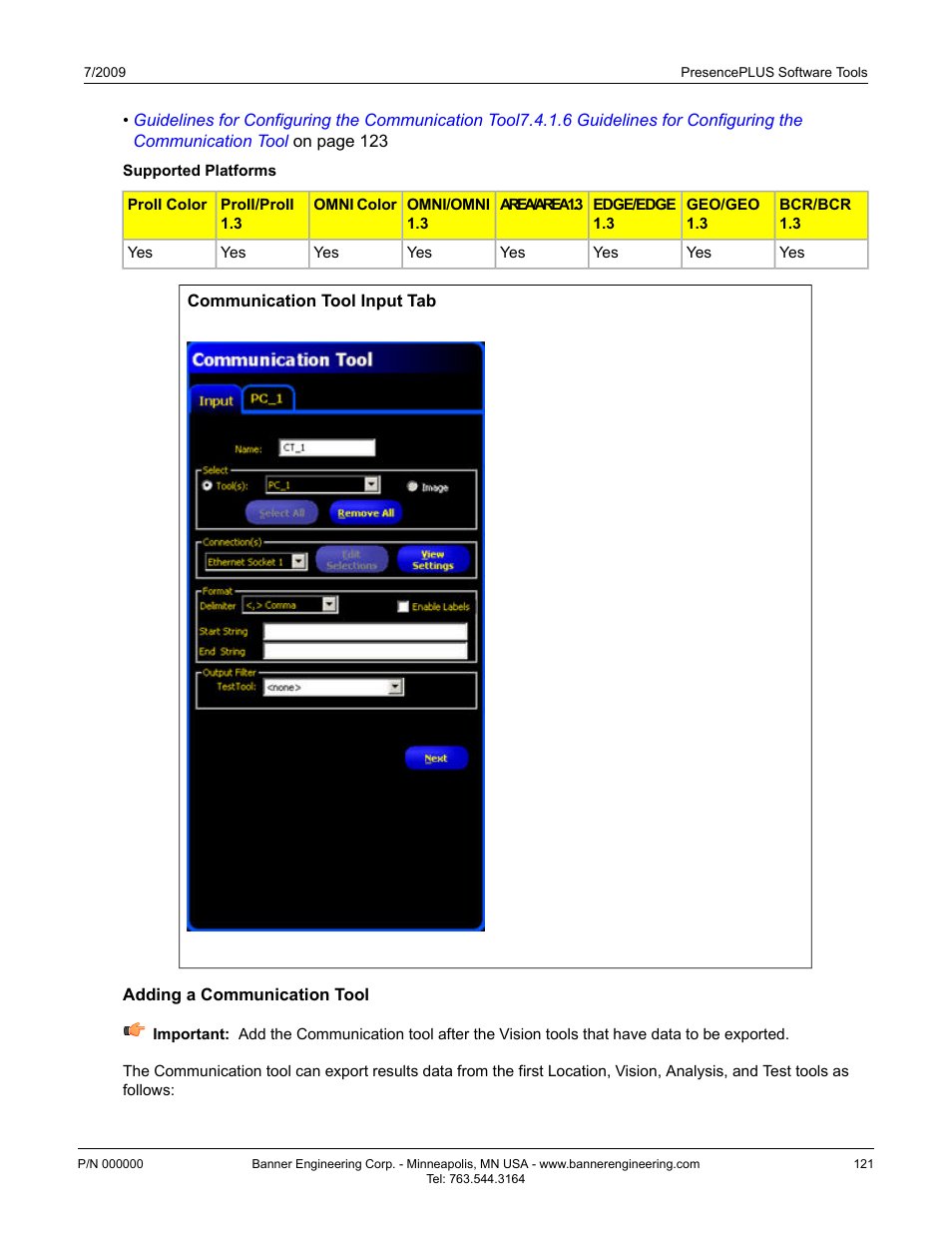 Adding a communication tool | Banner PresencePLUS P4 Series User Manual | Page 121 / 254