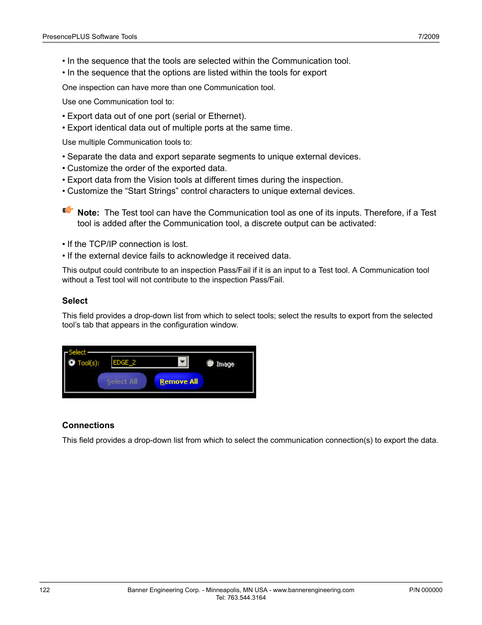 Select, Connections, Select7.4.1.2 select | Connections 7.4.1.3 connections | Banner PresencePLUS P4 Series User Manual | Page 122 / 254