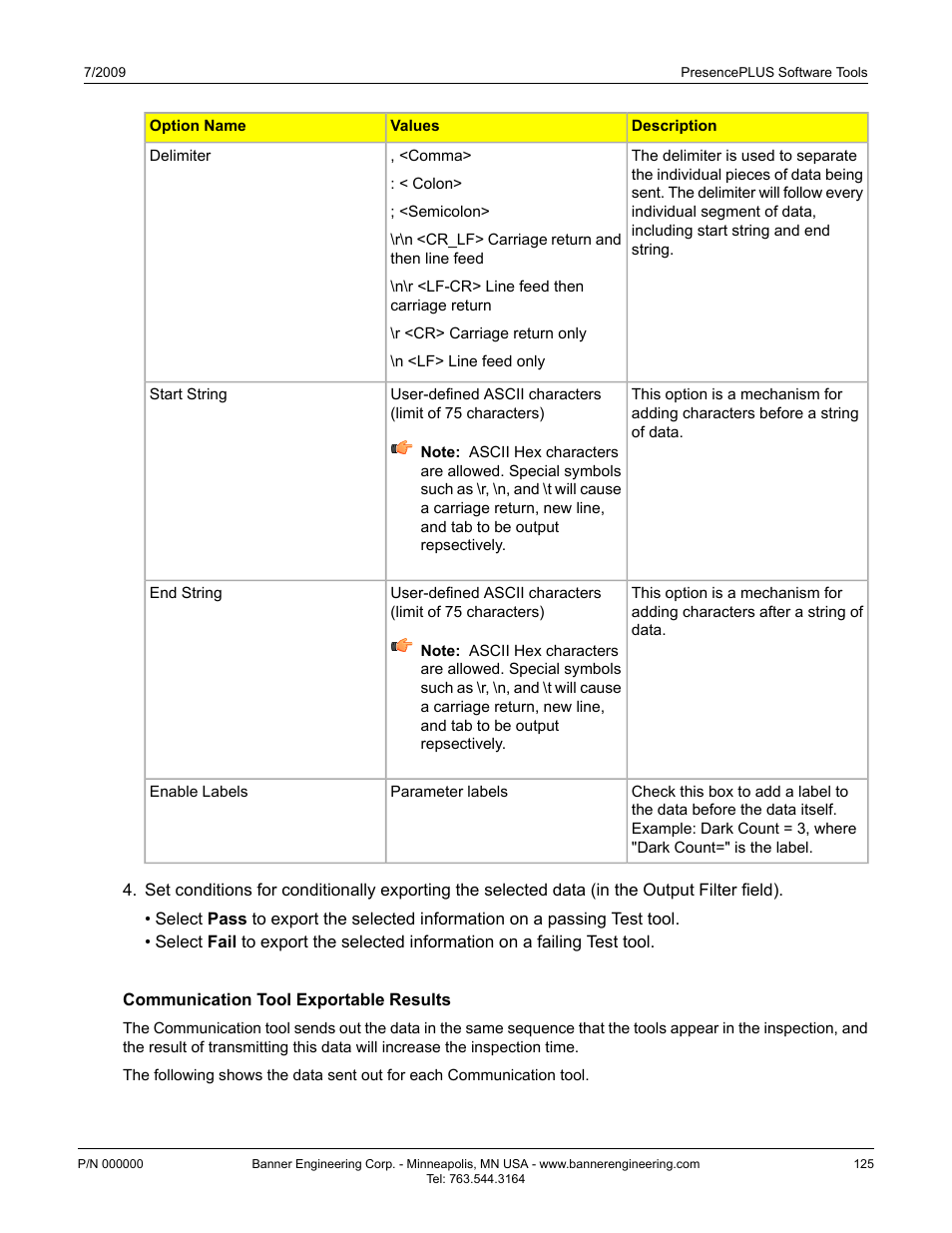 Communication tool exportable results | Banner PresencePLUS P4 Series User Manual | Page 125 / 254