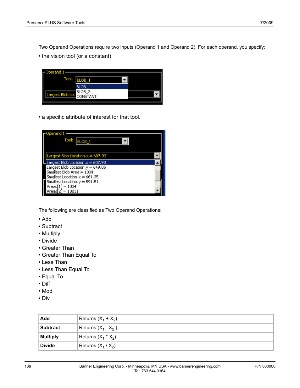 Two operand operations, Arithmetic operations | Banner PresencePLUS P4 Series User Manual | Page 138 / 254