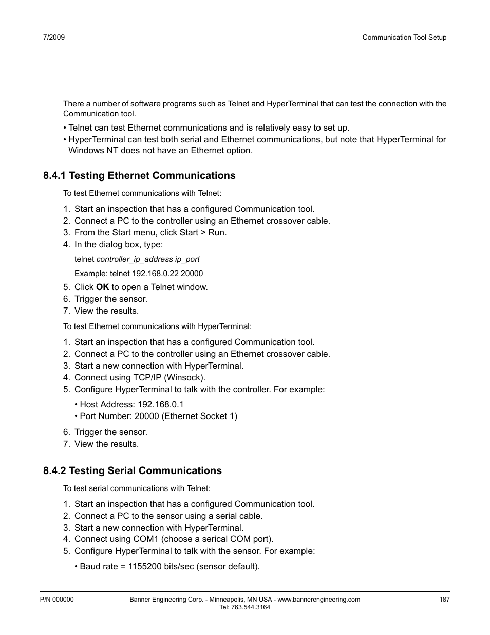 1 testing ethernet communications, 2 testing serial communications | Banner PresencePLUS P4 Series User Manual | Page 187 / 254