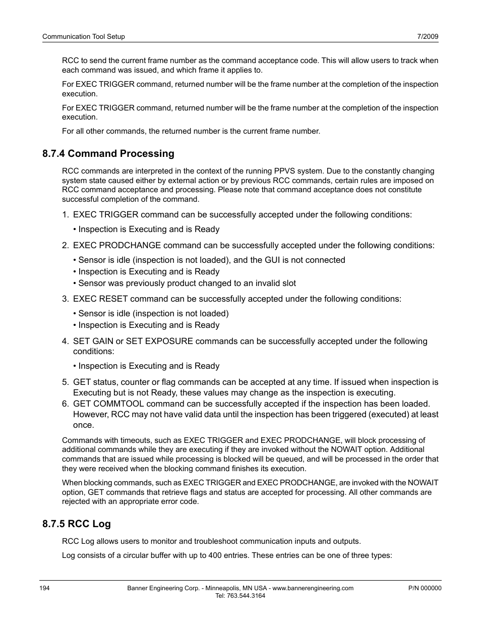 4 command processing, 5 rcc log, 4 command processing 8.7.5 rcc log | Banner PresencePLUS P4 Series User Manual | Page 194 / 254