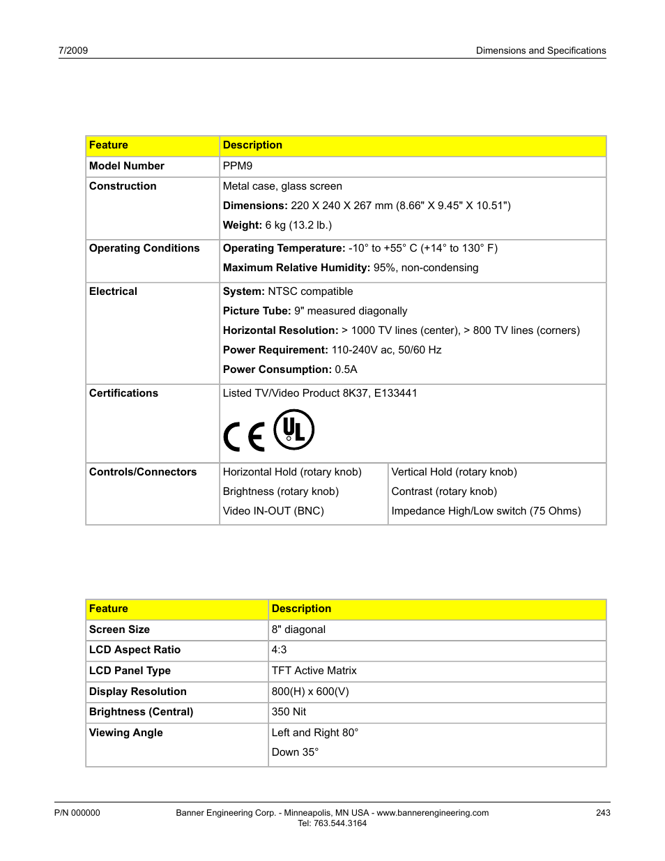 3 monitor specifications - 9" crt, 4 monitor specifications - flat panel 8" lcd color | Banner PresencePLUS P4 Series User Manual | Page 243 / 254