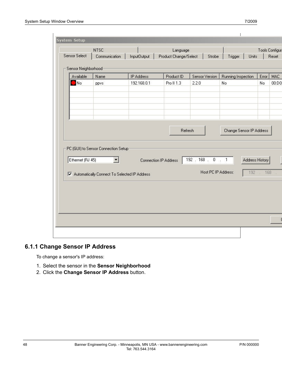 1 change sensor ip address | Banner PresencePLUS P4 Series User Manual | Page 48 / 254
