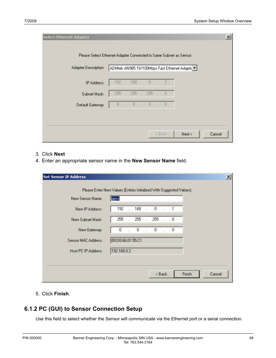 2 pc (gui) to sensor connection setup | Banner PresencePLUS P4 Series User Manual | Page 49 / 254