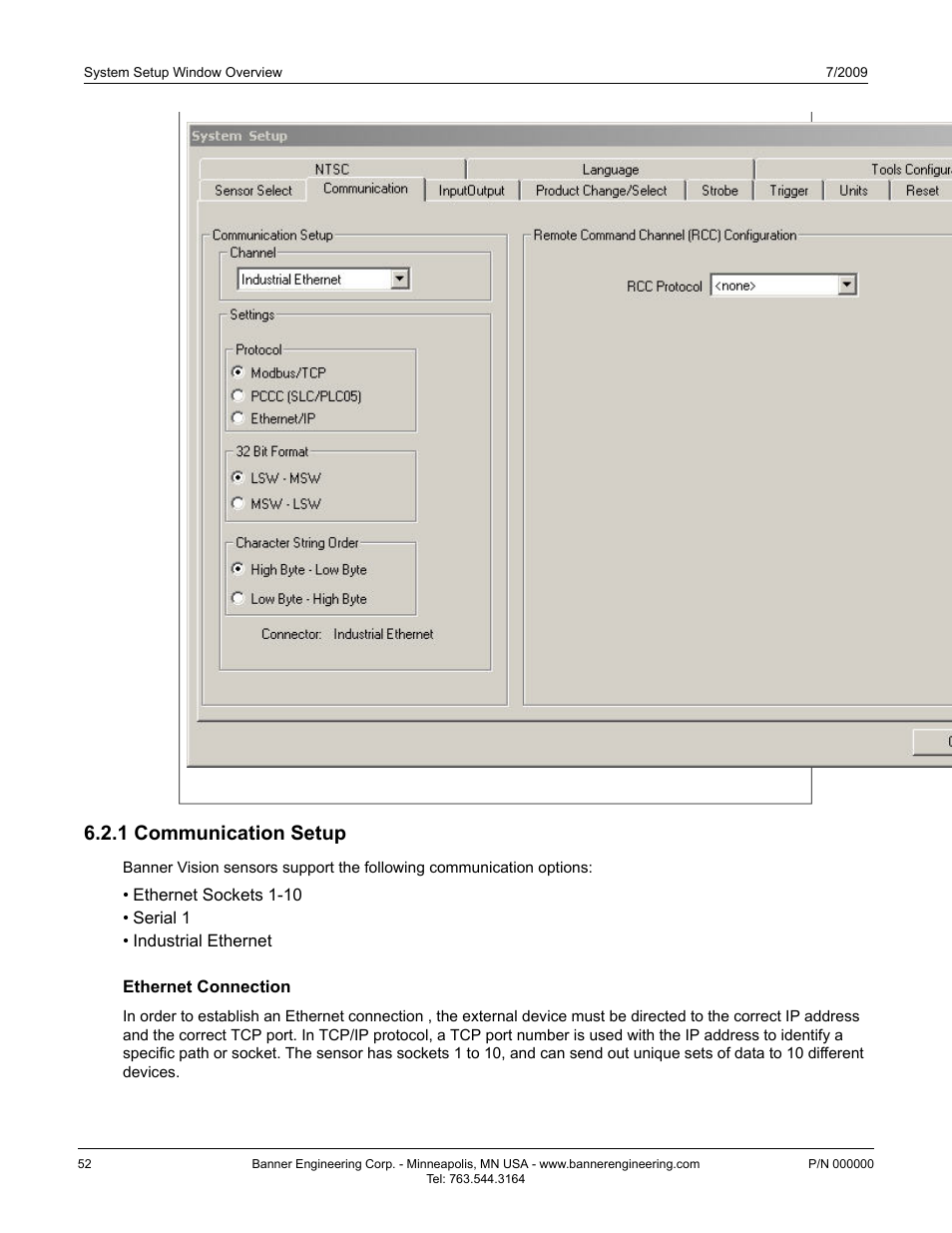 1 communication setup, Ethernet connection | Banner PresencePLUS P4 Series User Manual | Page 52 / 254