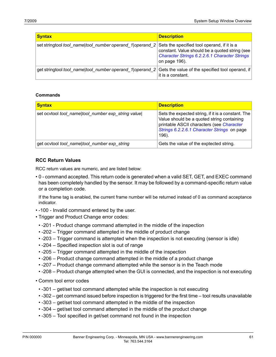 Ocv tool and the remote command channel, Rcc return values | Banner PresencePLUS P4 Series User Manual | Page 61 / 254