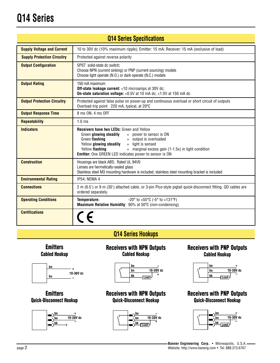 Q14 series, Q14 series hookups, Q14 series specifications | Cabled hookup | Banner Q14 Series User Manual | Page 2 / 4