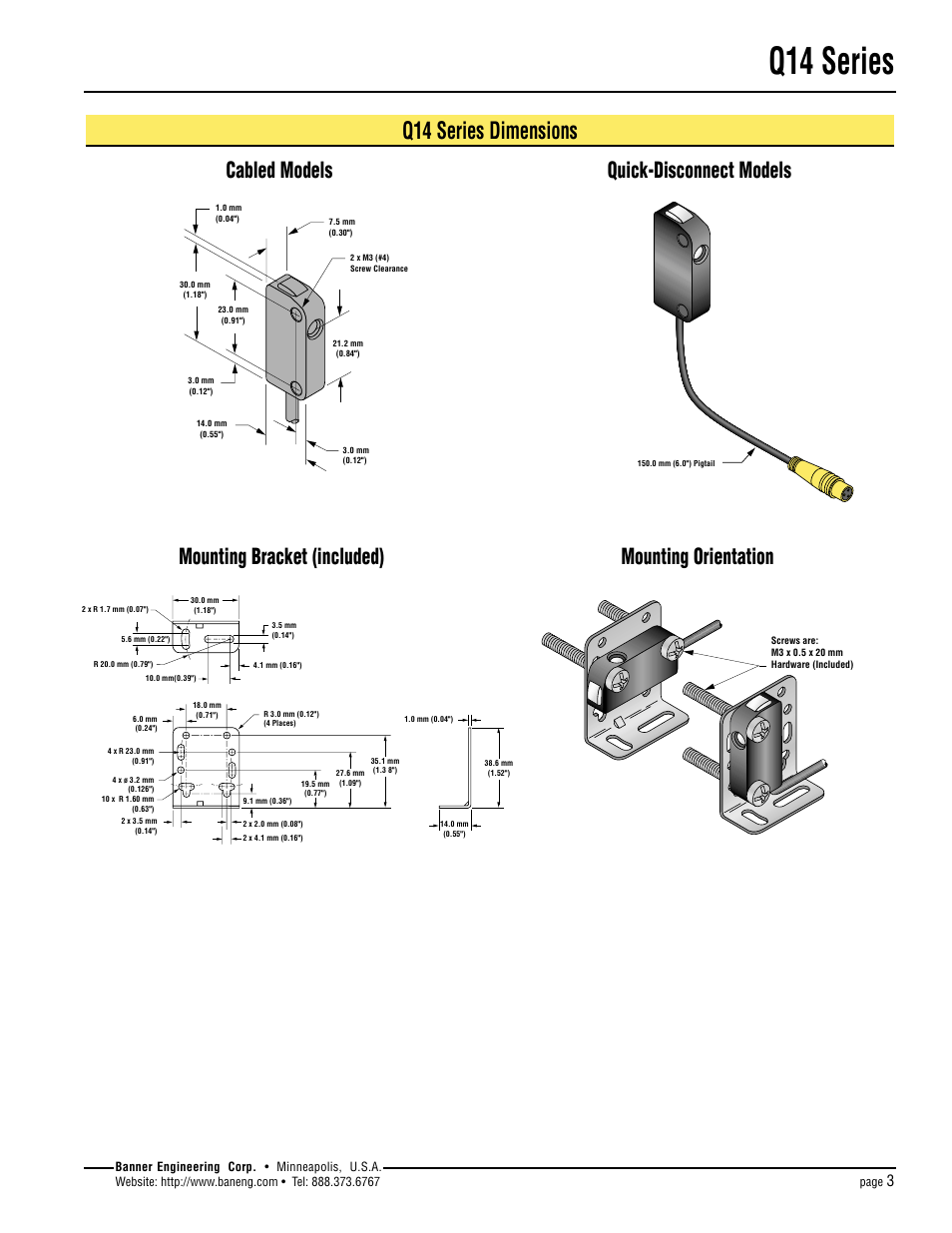 Q14 series, Q14 series dimensions | Banner Q14 Series User Manual | Page 3 / 4
