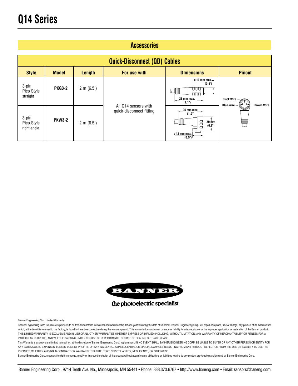 Q14 series, Quick-disconnect (qd) cables, Accessories | Banner Q14 Series User Manual | Page 4 / 4
