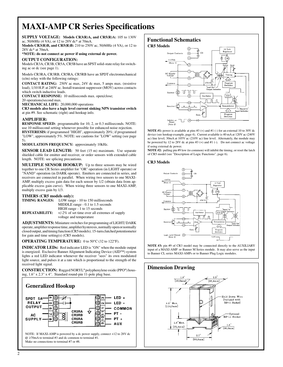 Maxi-amp cr series specifications, Dimension drawing, Functional schematics | Generalized hookup | Banner MAXI-AMP Series User Manual | Page 2 / 8