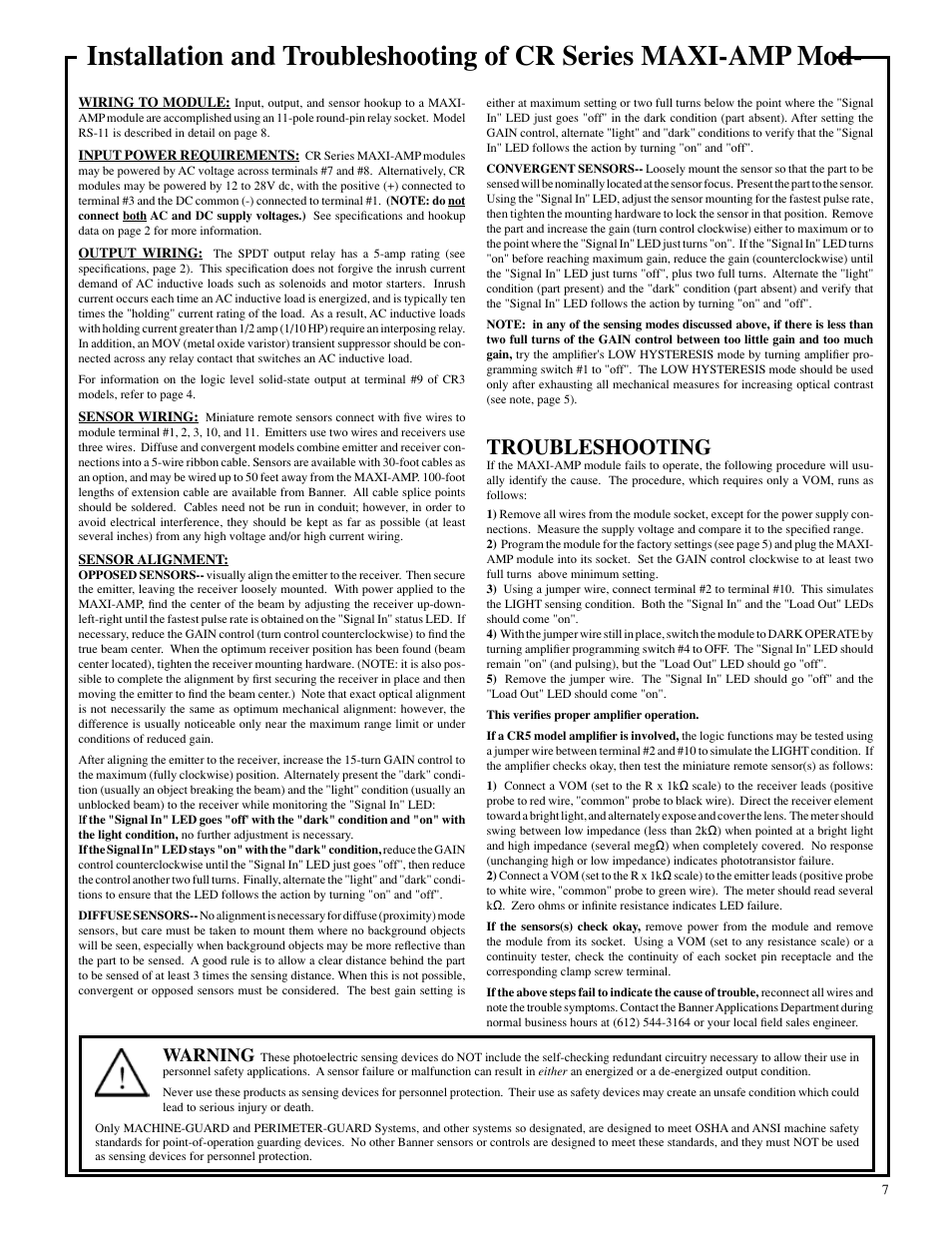 Troubleshooting, Warning | Banner MAXI-AMP Series User Manual | Page 7 / 8