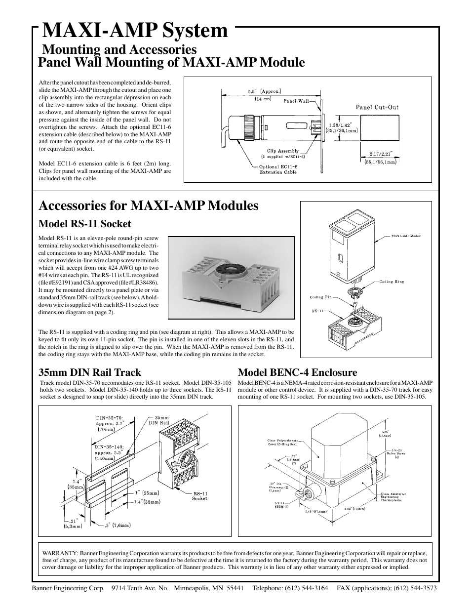 Maxi-amp system, Mounting and accessories, Accessories for maxi-amp modules | Panel wall mounting of maxi-amp module | Banner MAXI-AMP Series User Manual | Page 8 / 8