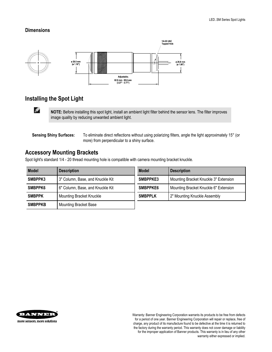 Installing the spot light, Accessory mounting brackets, Dimensions | Banner LED Spot Lights User Manual | Page 2 / 2