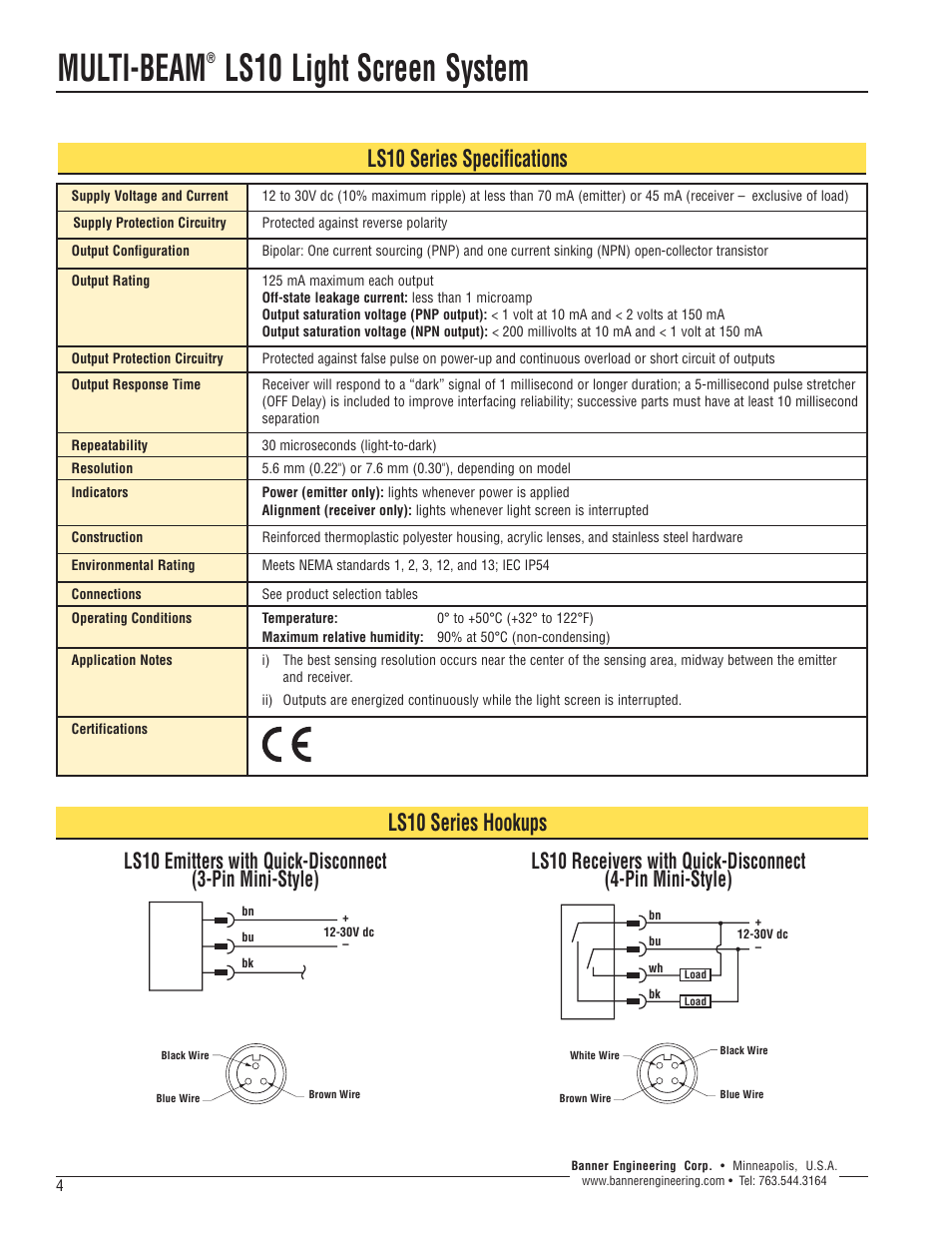 Multi-beam, Ls10 light screen system, Ls10 series specifications | Ls10 series hookups | Banner LS10 Series User Manual | Page 4 / 6