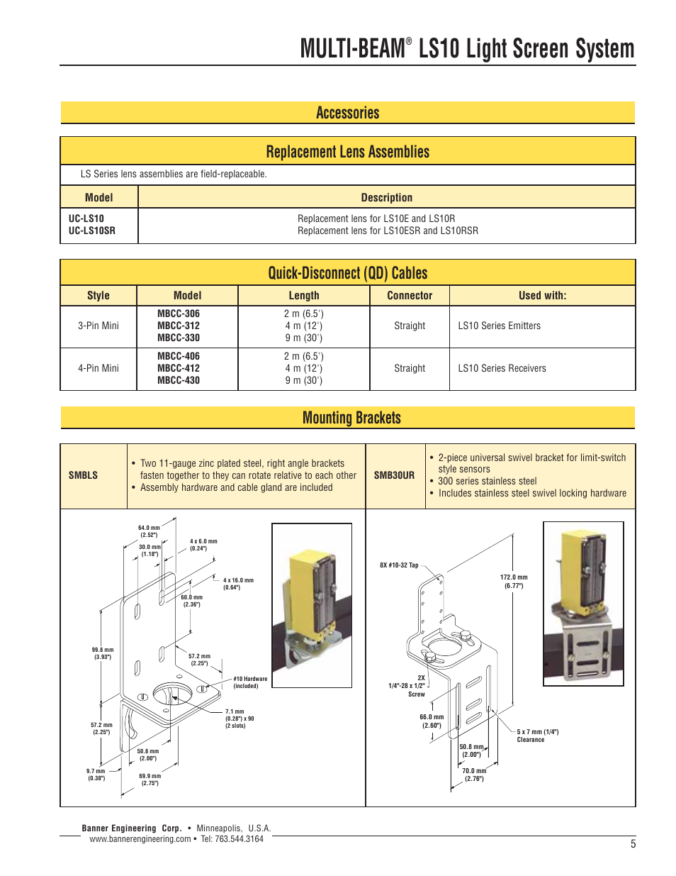 Multi-beam, Ls10 light screen system, Accessories replacement lens assemblies | Quick-disconnect (qd) cables, Mounting brackets | Banner LS10 Series User Manual | Page 5 / 6