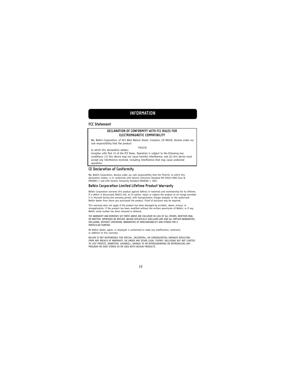 Information | Belkin F5U210 User Manual | Page 19 / 20