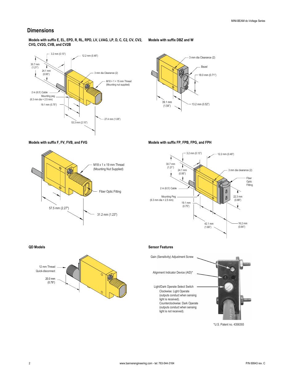 Dimensions | Banner MINI-BEAM Series User Manual | Page 2 / 6