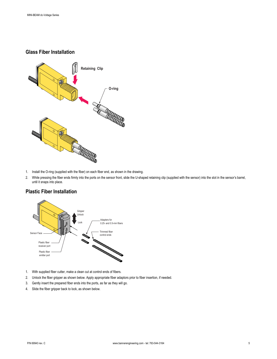 Glass fiber installation, Plastic fiber installation | Banner MINI-BEAM Series User Manual | Page 5 / 6