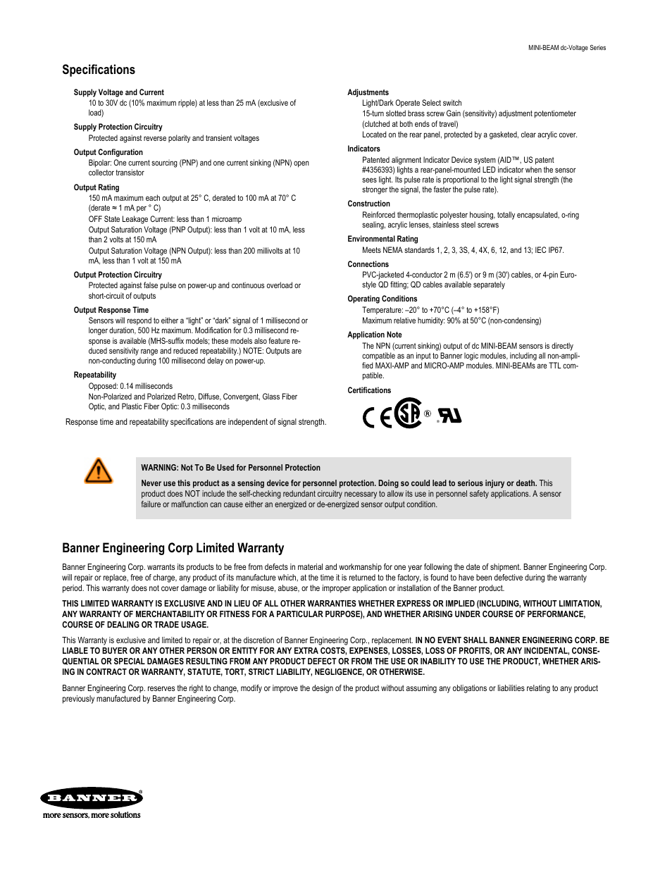 Specifications, Banner engineering corp limited warranty | Banner MINI-BEAM Series User Manual | Page 6 / 6