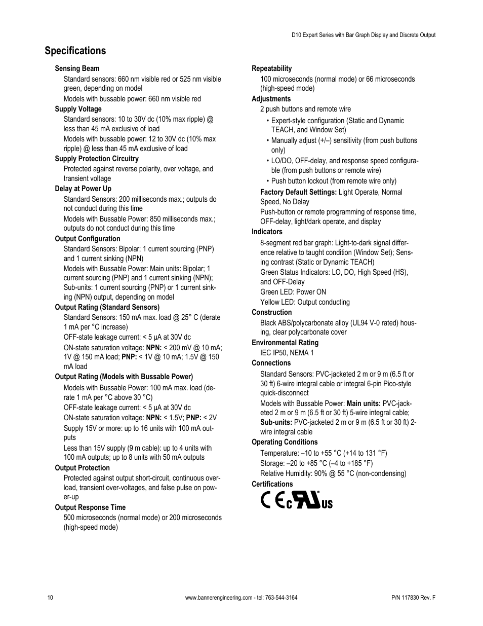 Specifications | Banner D10 Series User Manual | Page 10 / 13