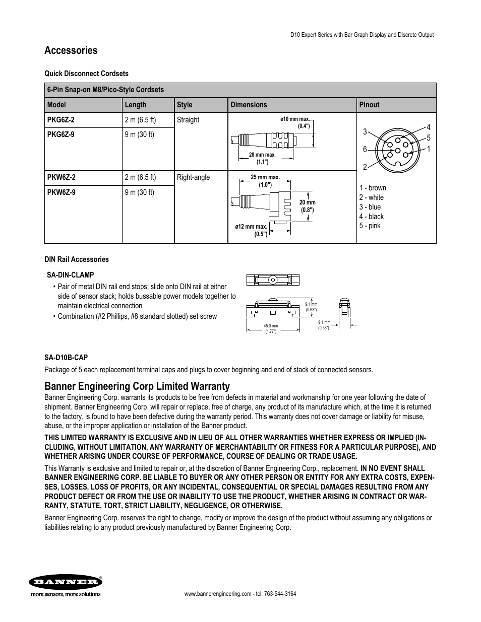 Accessories, Banner engineering corp limited warranty | Banner D10 Series User Manual | Page 13 / 13