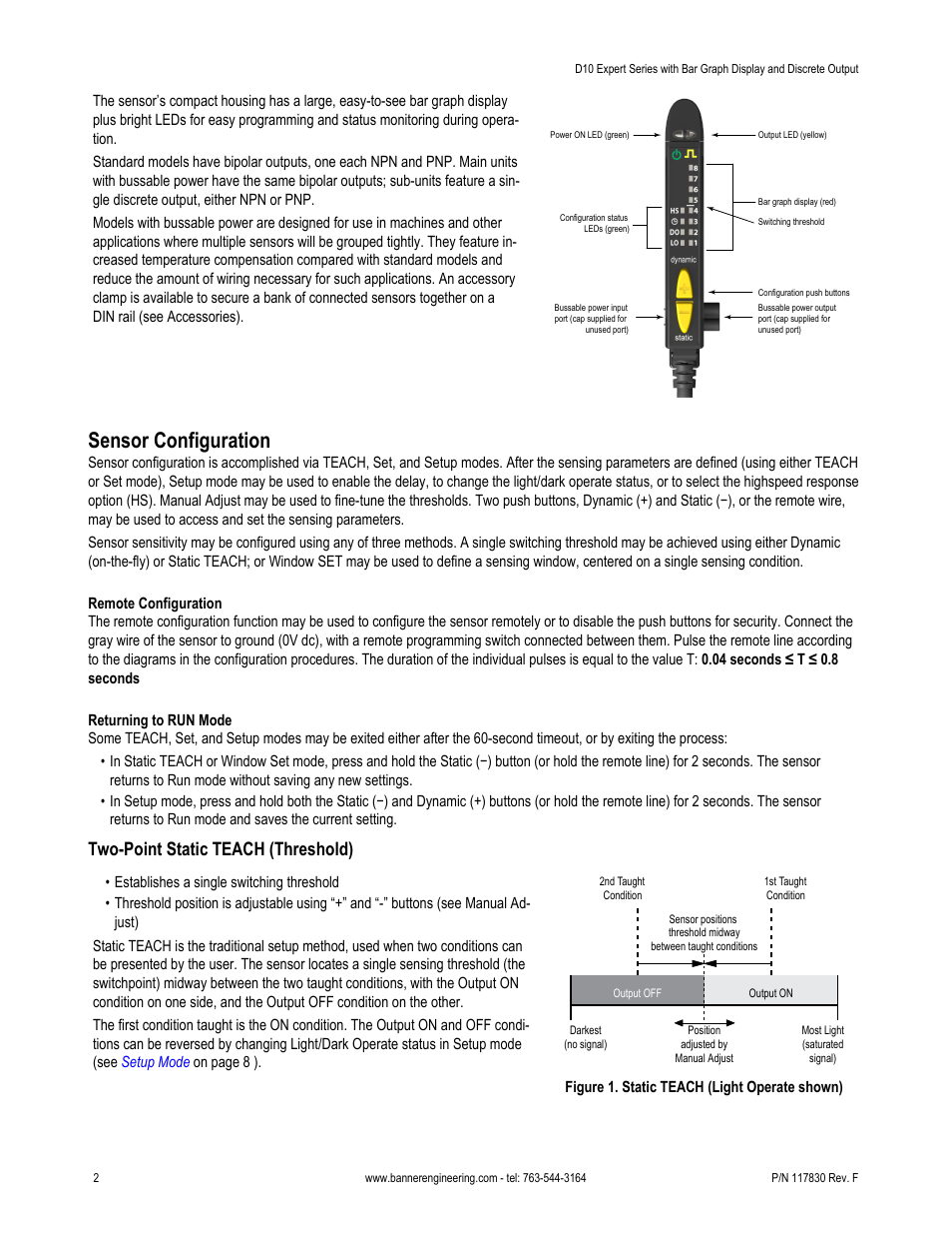 Sensor configuration, Two-point static teach (threshold) | Banner D10 Series User Manual | Page 2 / 13