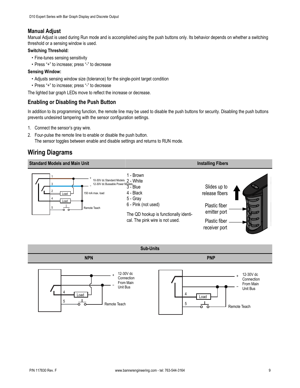 Manual, Adjust, Wiring diagrams | Manual adjust, Enabling or disabling the push button | Banner D10 Series User Manual | Page 9 / 13