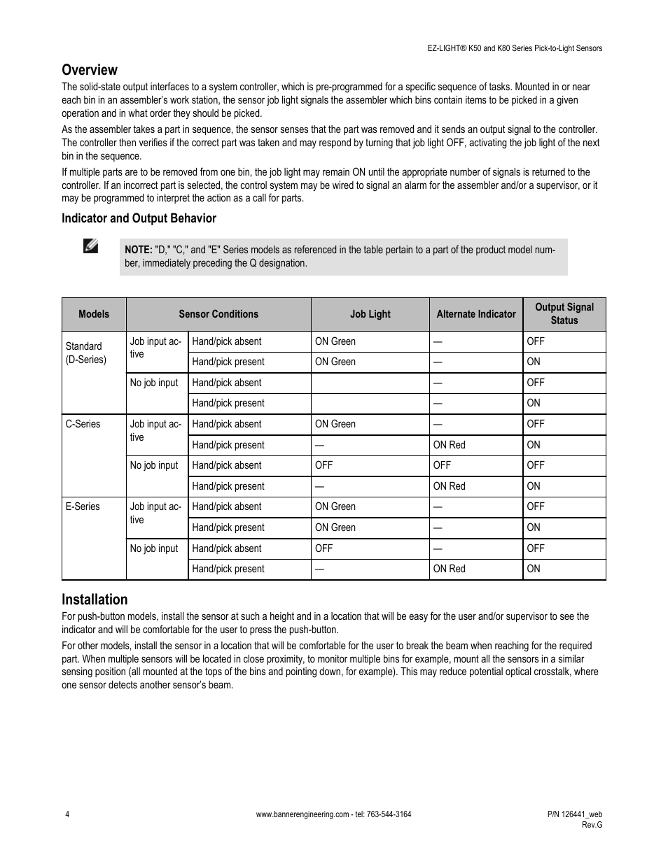 Overview, Installation | Banner K80 Pick-to-Light EZ-LIGHT User Manual | Page 4 / 9