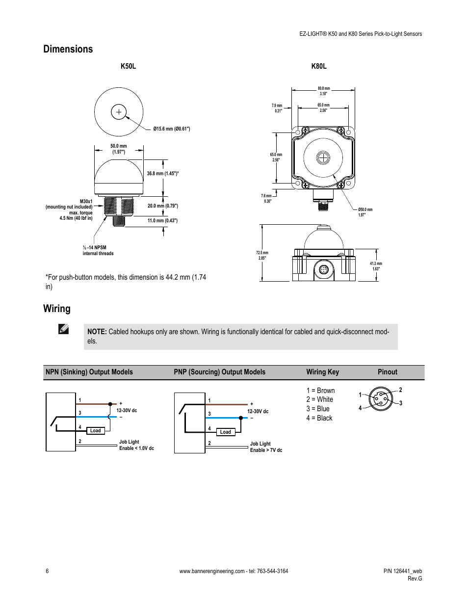 Dimensions, Wiring | Banner K80 Pick-to-Light EZ-LIGHT User Manual | Page 6 / 9