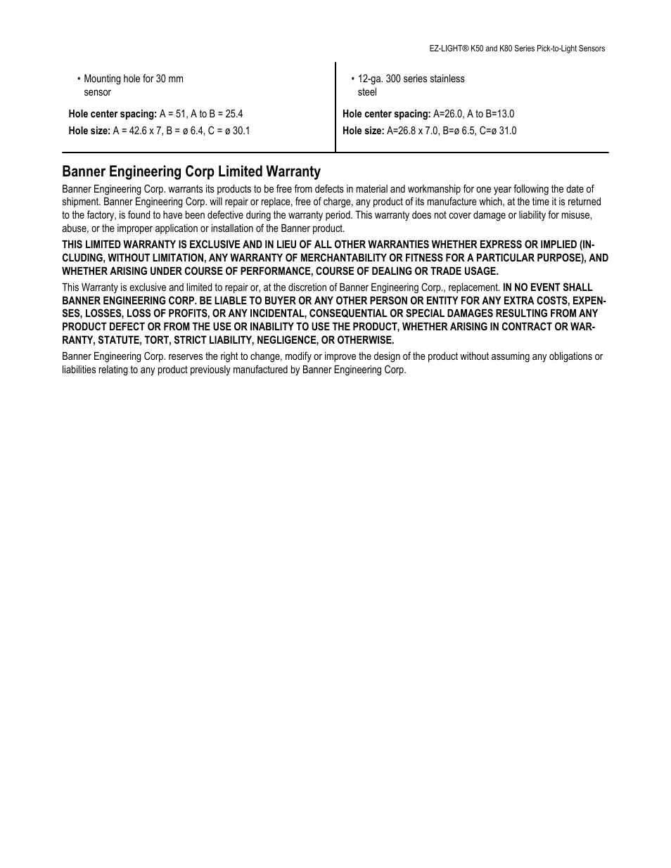 Banner engineering corp limited warranty | Banner K80 Pick-to-Light EZ-LIGHT User Manual | Page 9 / 9