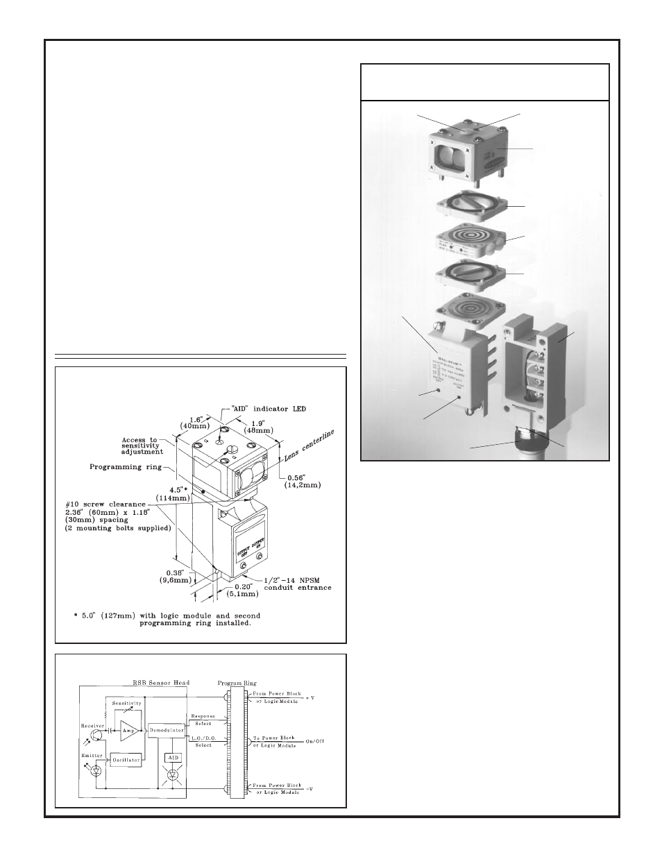 Selection of maxi-beam components, Exploded view, maxi-beam sensor, Specifications | Maxi-beam sensor heads | Banner MAXI-BEAM Series User Manual | Page 3 / 16