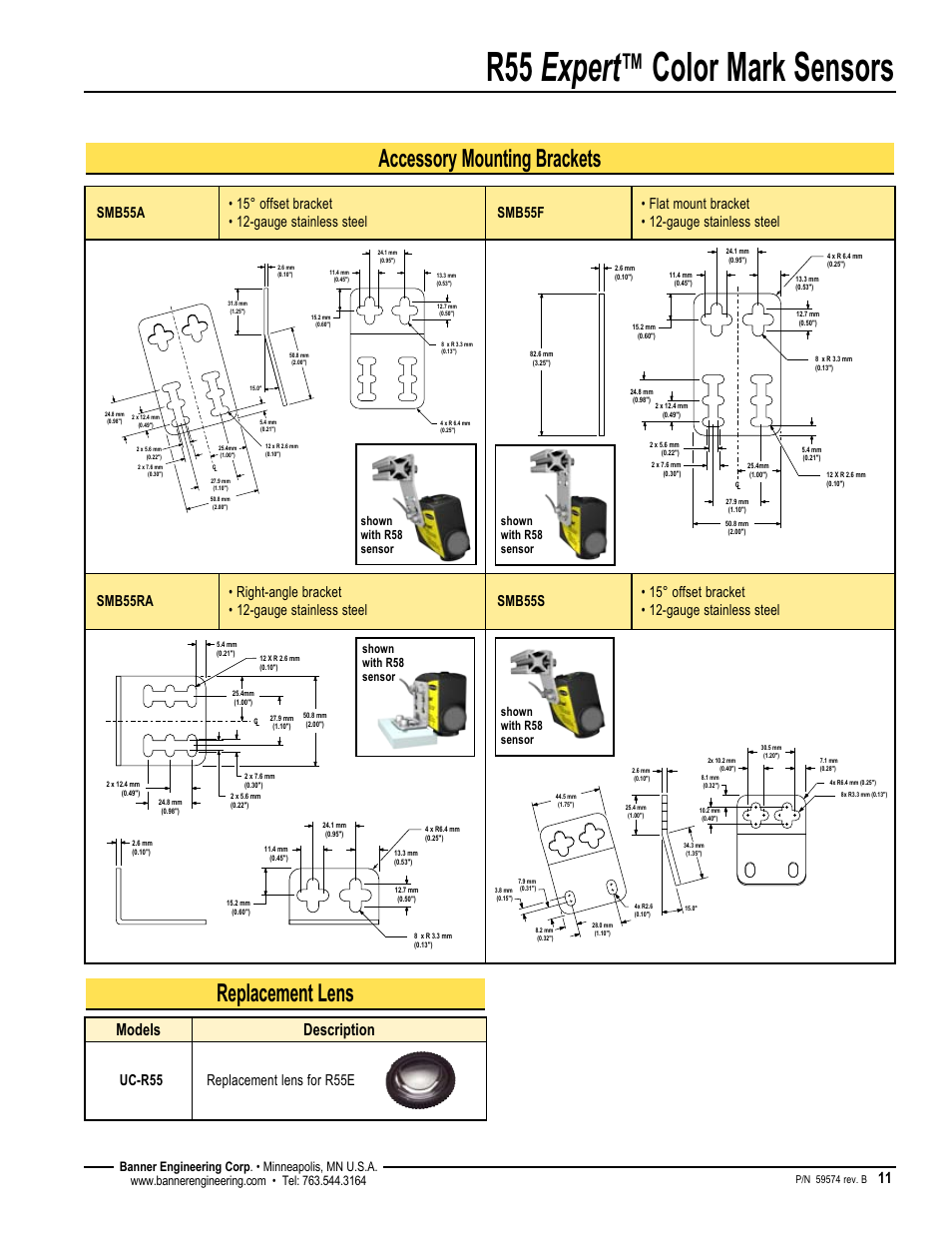R55 expert, Color mark sensors, Replacement lens | Accessory mounting brackets, Models description, Uc-r55 replacement lens for r55e | Banner R55E Series User Manual | Page 11 / 12