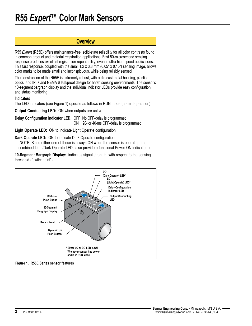 R55 expert, Color mark sensors, Overview | Indicators | Banner R55E Series User Manual | Page 2 / 12
