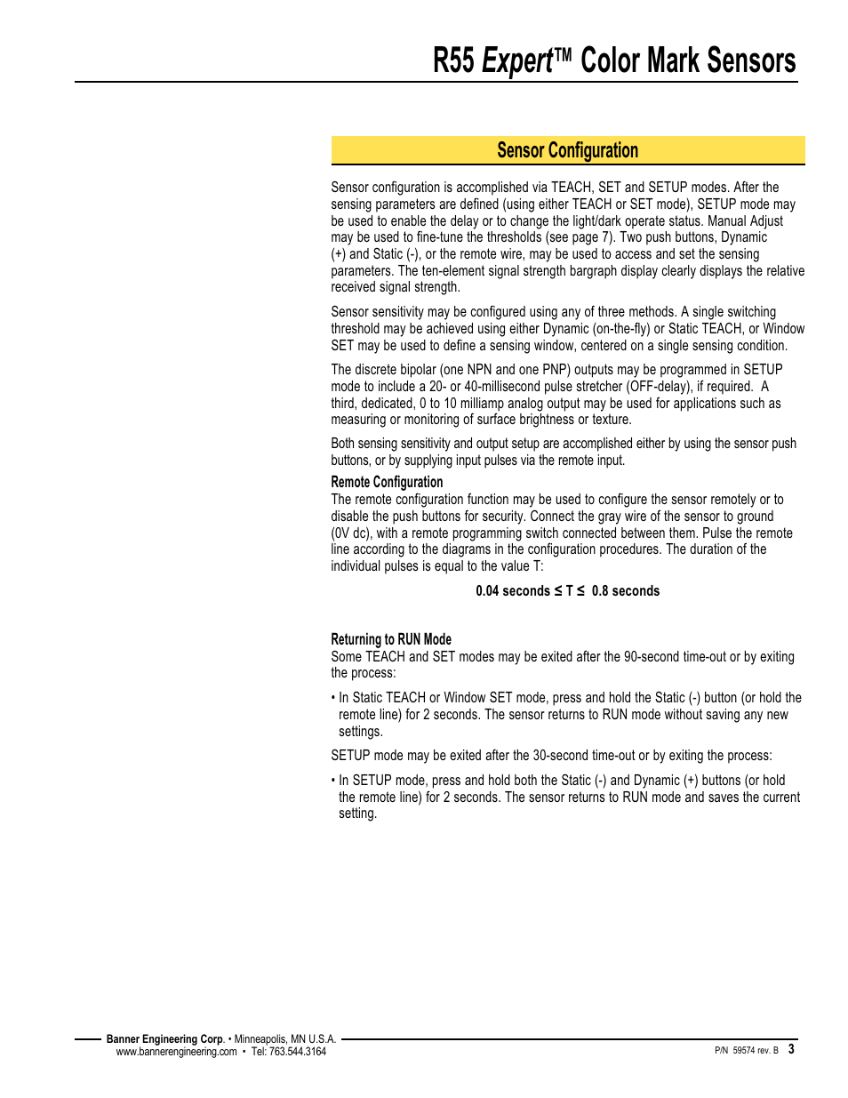 R55 expert, Color mark sensors, Sensor configuration | Banner R55E Series User Manual | Page 3 / 12