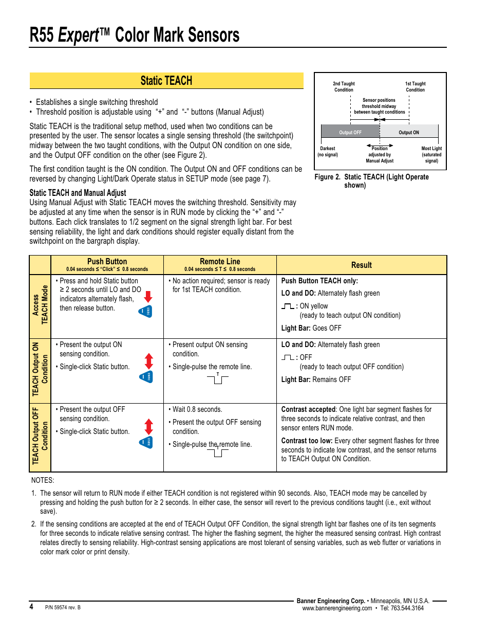 R55 expert, Color mark sensors, Static teach | Static teach and manual adjust, Push button, Remote line, Result | Banner R55E Series User Manual | Page 4 / 12