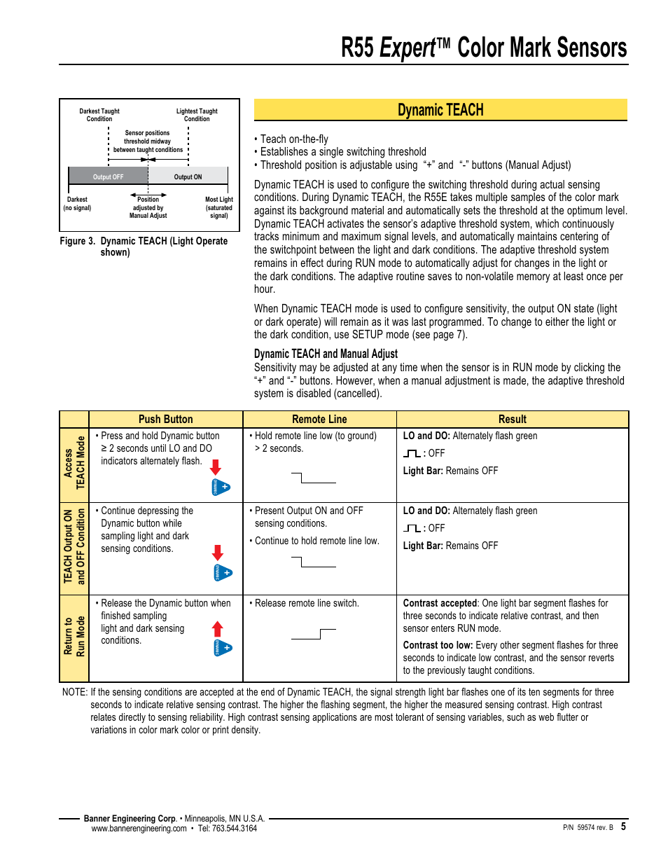 R55 expert, Color mark sensors, Dynamic teach | Dynamic teach and manual adjust, Push button remote line result, Figure 3. dynamic teach (light operate shown) | Banner R55E Series User Manual | Page 5 / 12