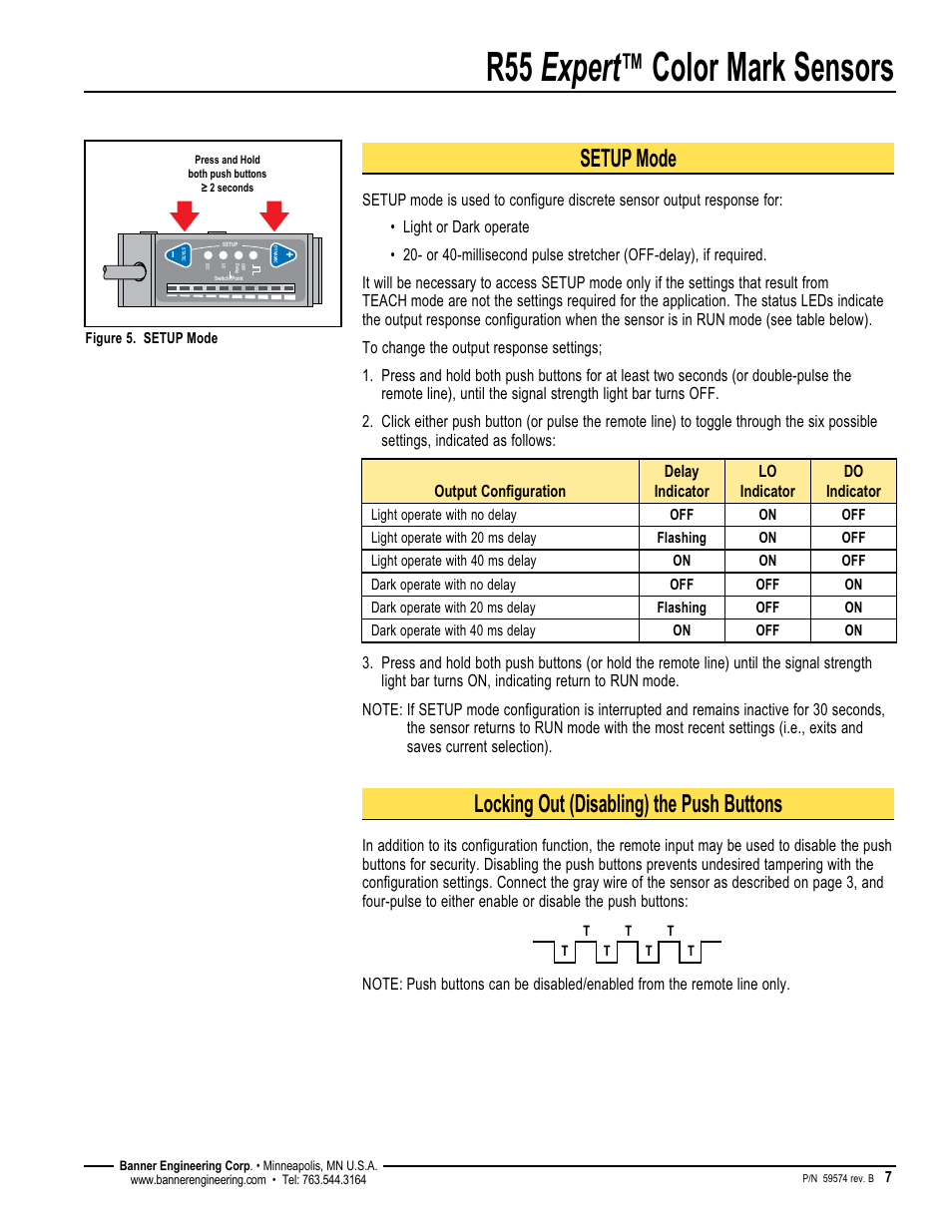 R55 expert, Color mark sensors, Setup mode | Locking out (disabling) the push buttons | Banner R55E Series User Manual | Page 7 / 12