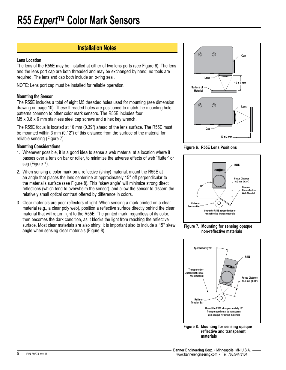 R55 expert, Color mark sensors, Lens location | Mounting the sensor, Mounting considerations | Banner R55E Series User Manual | Page 8 / 12