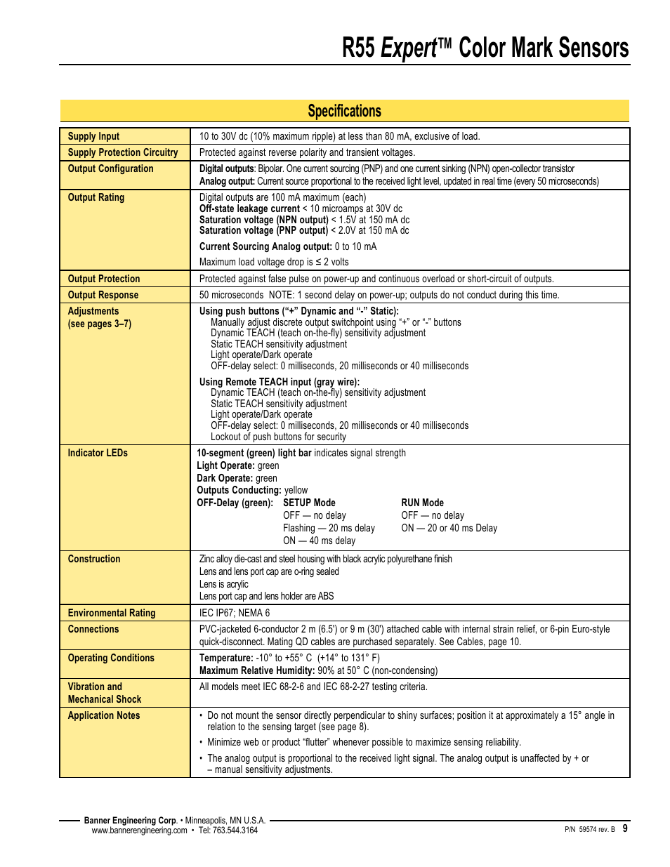 R55 expert, Color mark sensors, Specifications | Banner R55E Series User Manual | Page 9 / 12