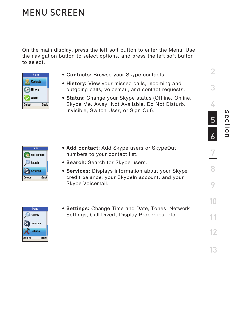 Menu screen | Belkin Desktop Internet Phone F1PP010EN-SK User Manual | Page 14 / 47