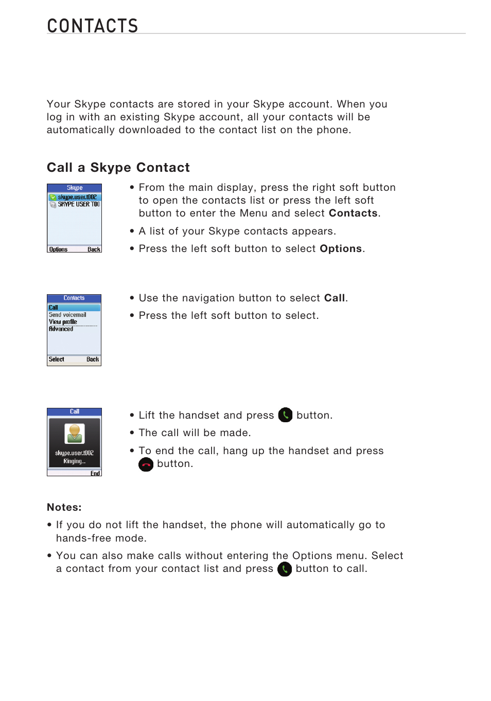 Contacts, Call a skype contact | Belkin Desktop Internet Phone F1PP010EN-SK User Manual | Page 15 / 47
