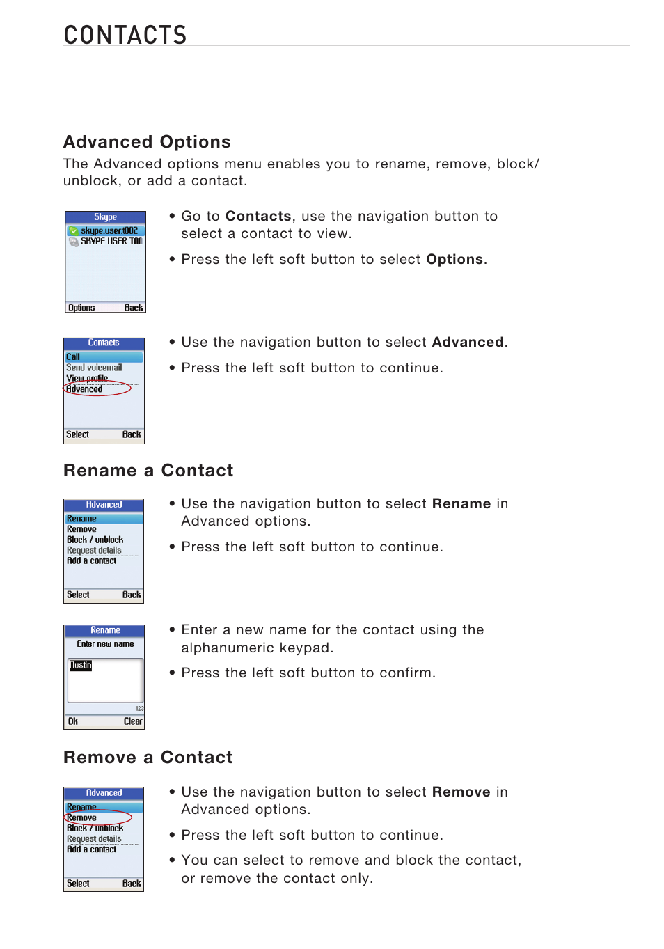 Contacts, Advanced options, Rename a contact | Remove a contact | Belkin Desktop Internet Phone F1PP010EN-SK User Manual | Page 17 / 47