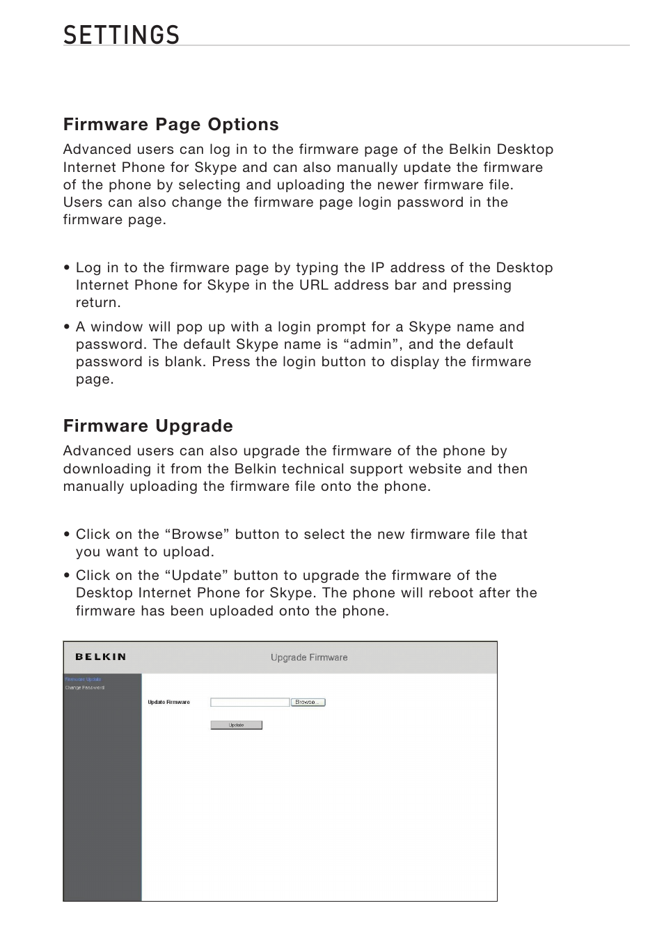 Settings | Belkin Desktop Internet Phone F1PP010EN-SK User Manual | Page 43 / 47