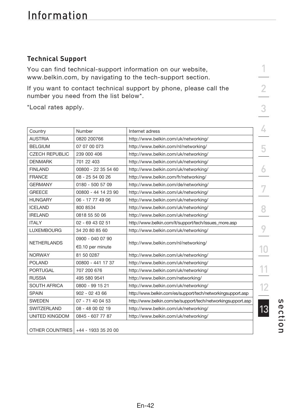 Information, Technical support, En-42 | Belkin Desktop Internet Phone F1PP010EN-SK User Manual | Page 46 / 47