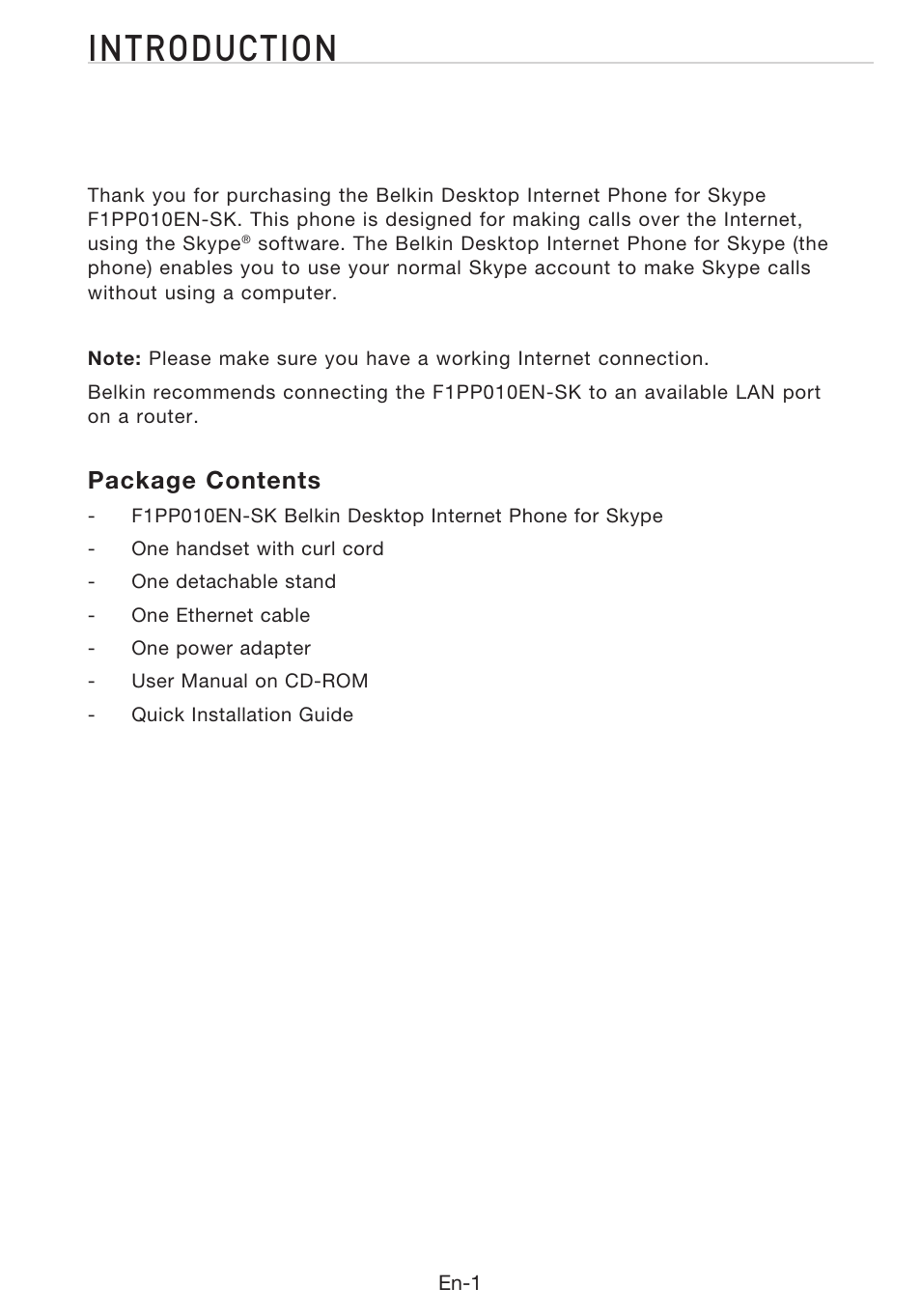 Introduction, Package contents | Belkin Desktop Internet Phone F1PP010EN-SK User Manual | Page 5 / 47