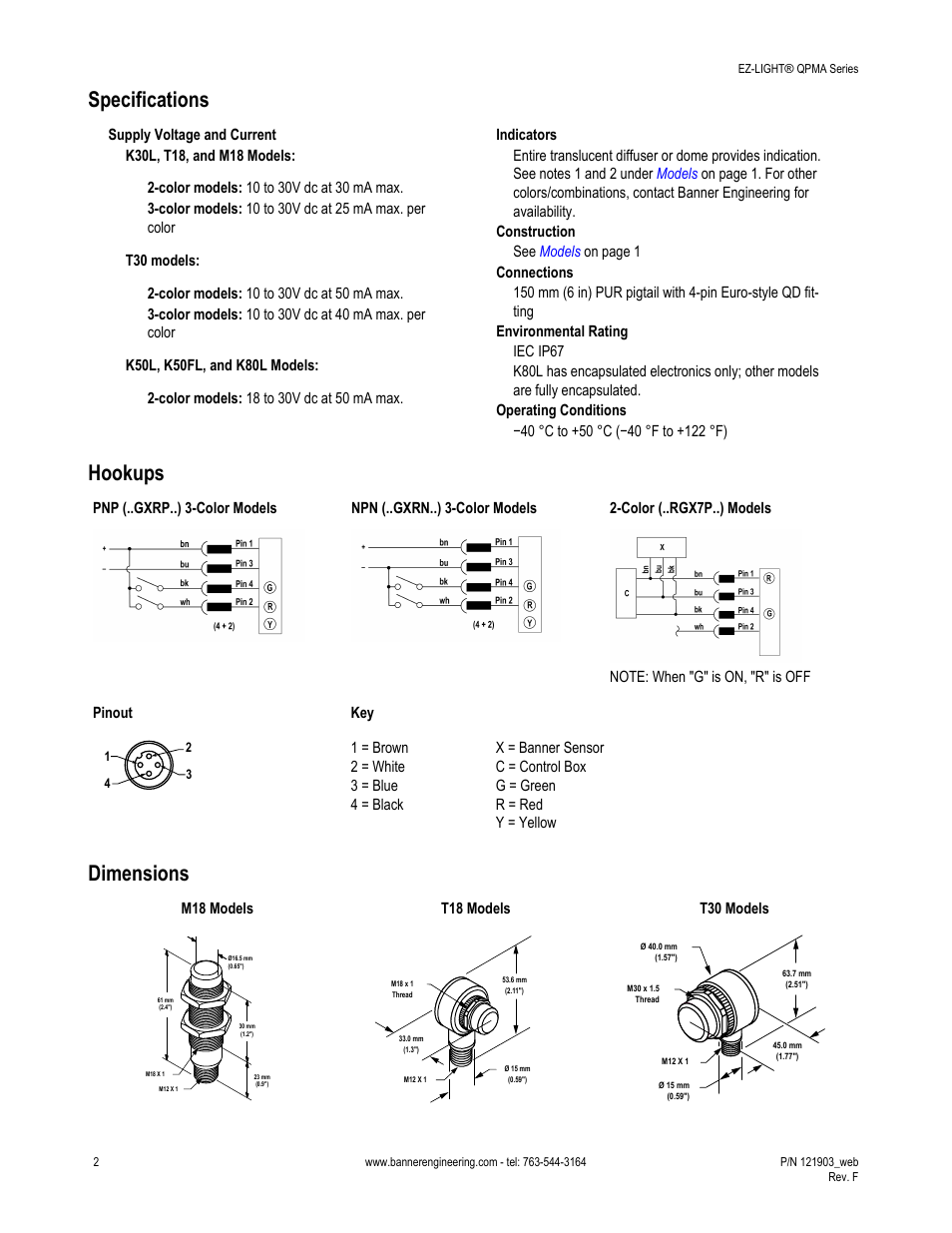 Specifications, Hookups, Dimensions | Banner K50FL General Purpose EZ-LIGHT User Manual | Page 2 / 7