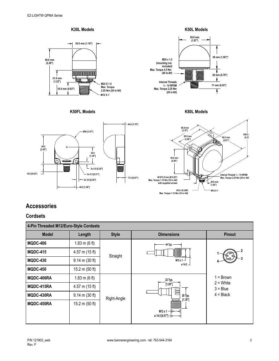 Accessories, Cordsets, K30l models k50l models | K50fl models k80l models | Banner K50FL General Purpose EZ-LIGHT User Manual | Page 3 / 7